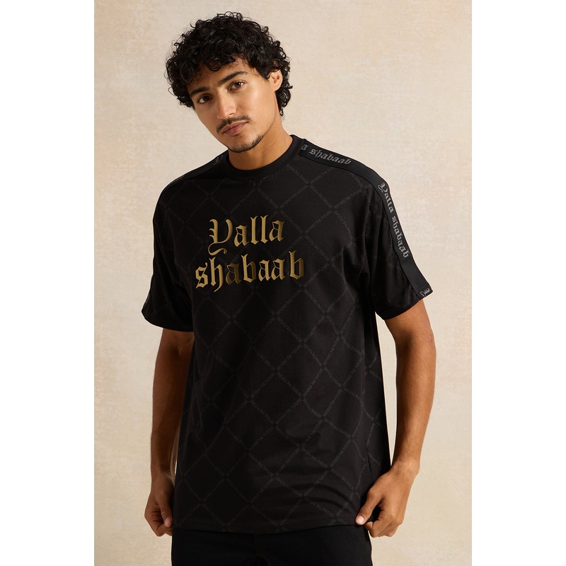 Men Black Yalla Shabab Print T-Shirt