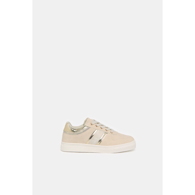 Senior Girls Beige Diamante Sneakers