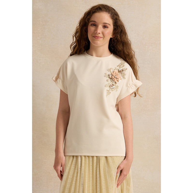Senior Girls Beige Floral Embellished Top
