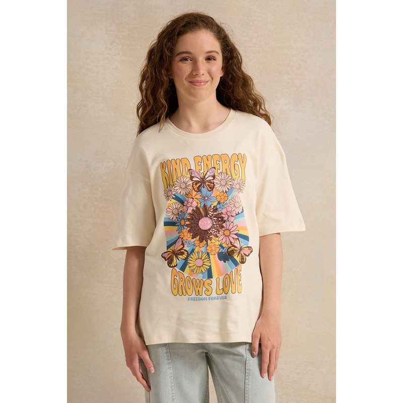 Senior Girls Beige Oversize Mystic T-Shirt