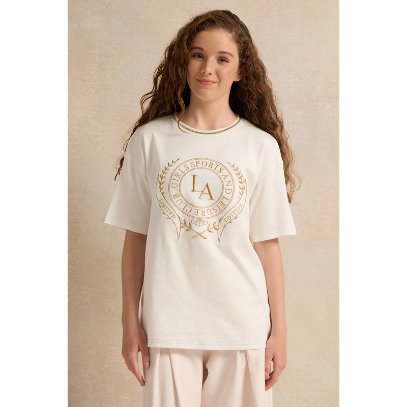 Senior Girls White Printed Drop Shoulder T-Shirt