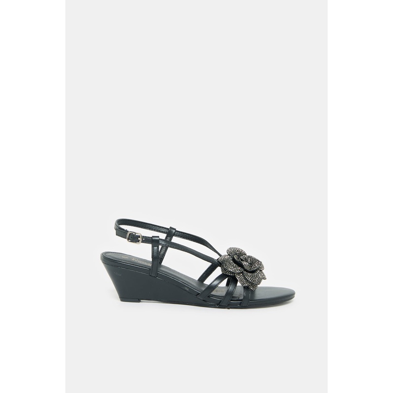 Women Black Flower Embellished Sandals