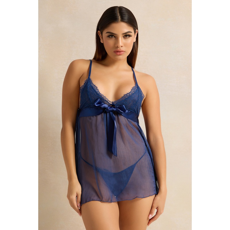 Women Blue Mesh Babydoll With String (2 Piece)