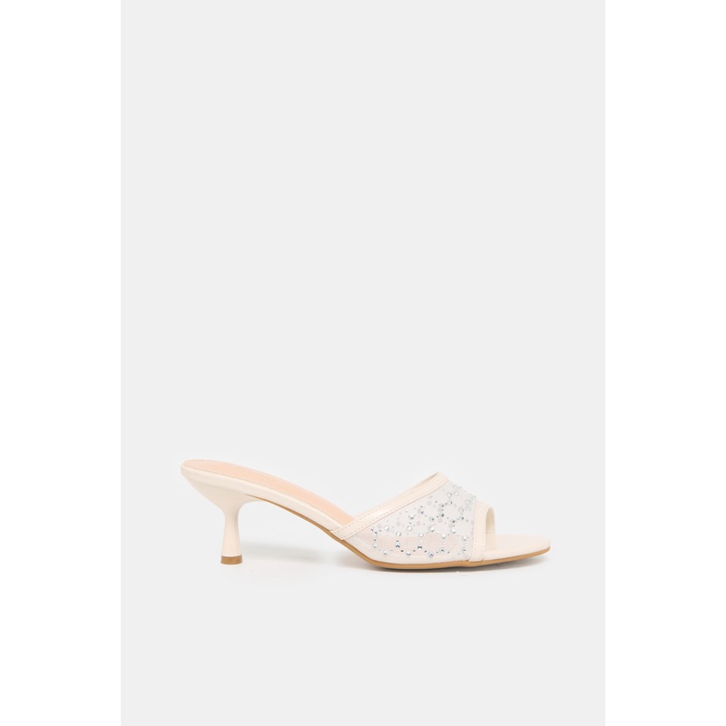 Women Cream Embellished Mesh Mule