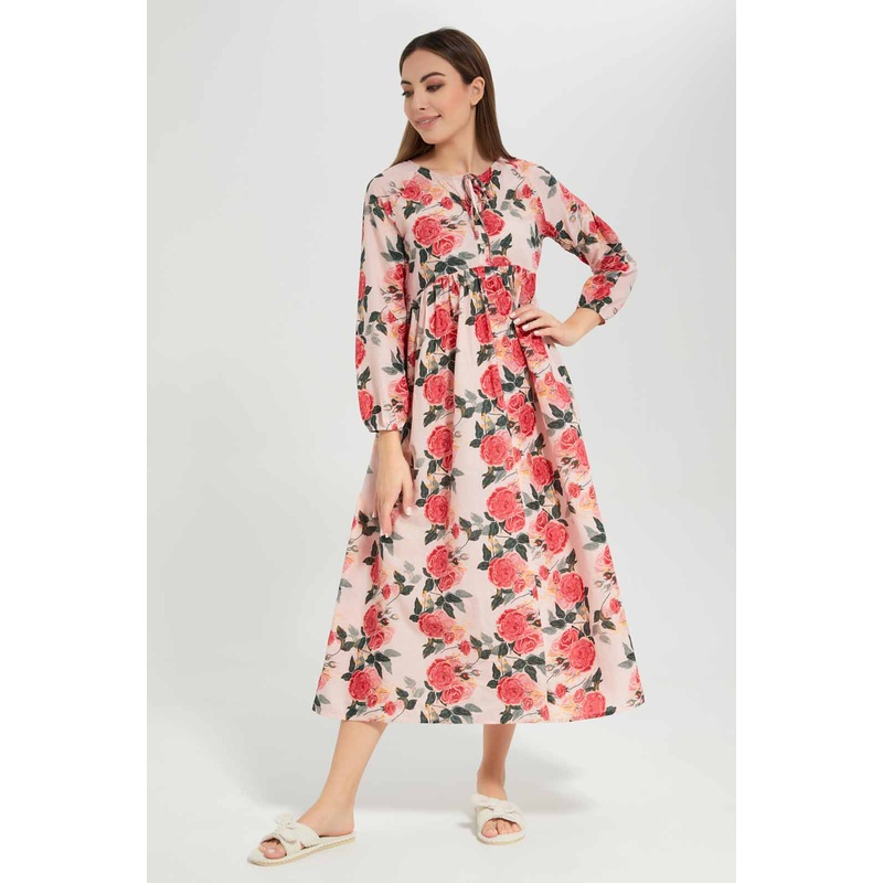 Women Pink Floral Long Sleeved Nightgown