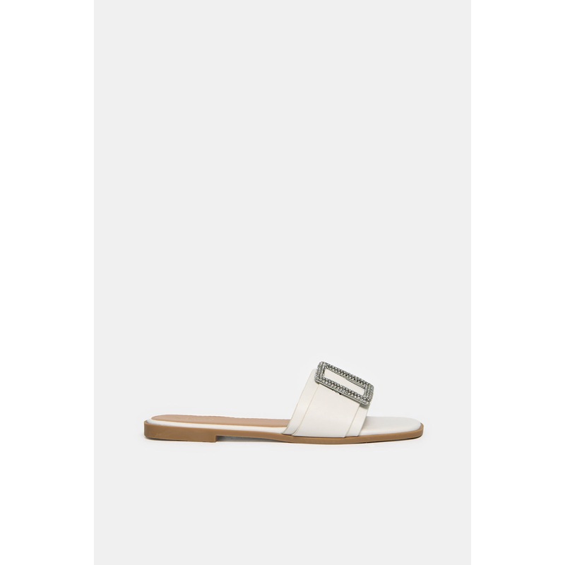 Women White Buckle Trim Mule|EU36|EU37|EU38|EU39|EU40|EU41