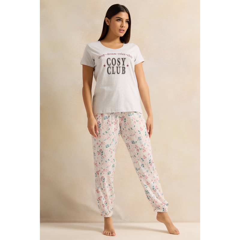 Women White Short Sleeved Pyjama Set (2 Piece)