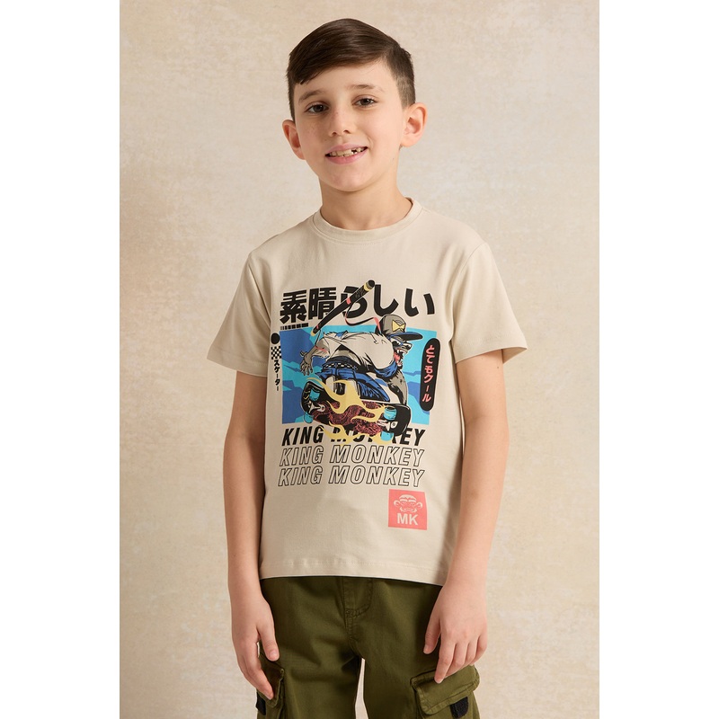 Boys Beige Print T-Shirt|2-3 Years|3-4 Years|4-5 Years|5-6 Years|6-7 Years|7-8 Years