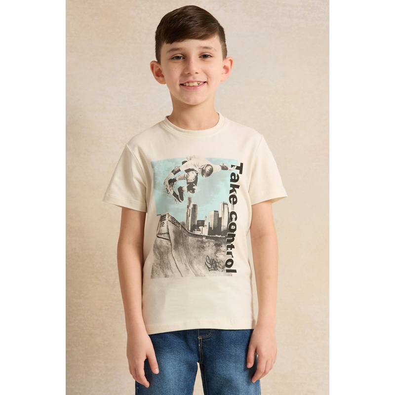 Boys Beige Printed Short Sleeved T-Shirt
