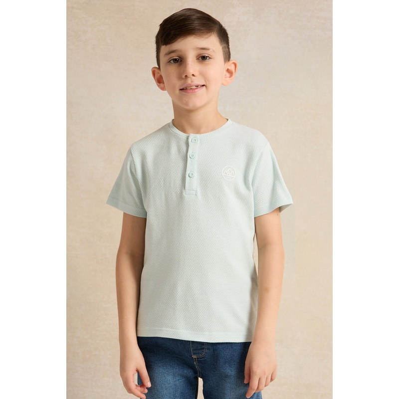 Boys Blue Solid Short Sleeve Henley T-Shirt