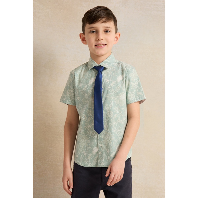 Boys Green All Over Print Shirt With Tie