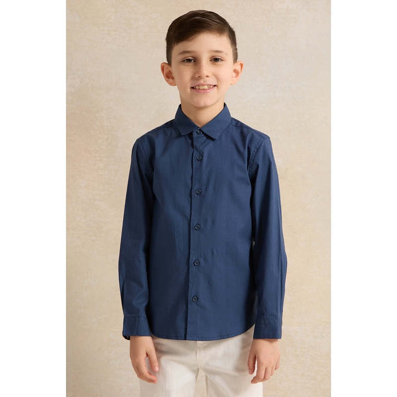 Boys Navy Solid Long Sleeve Shirt