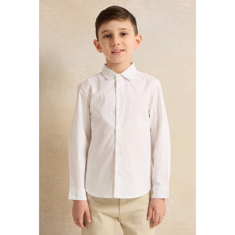 Boys White Solid Long Sleeve Shirt