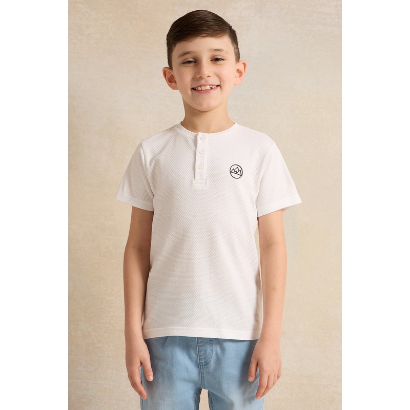 Boys White Solid Short Sleeve Henley T-Shirt