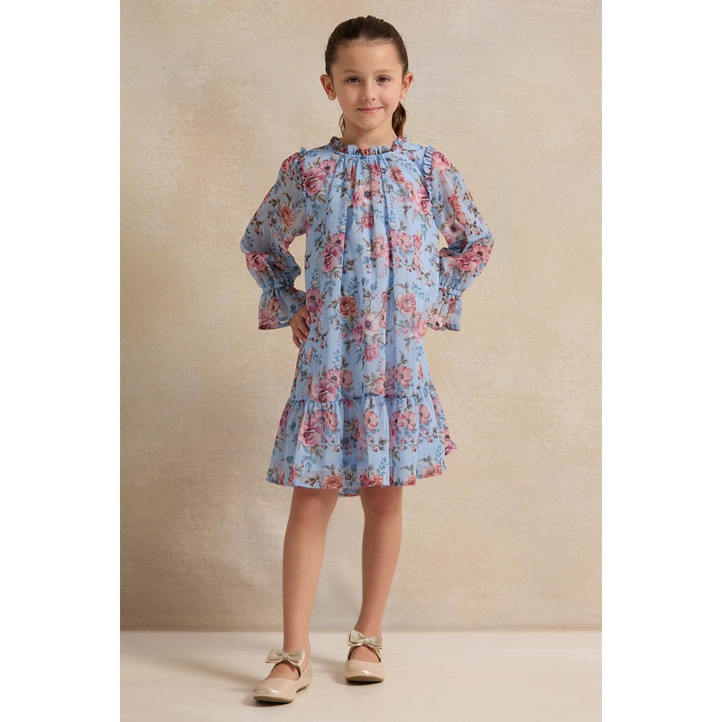 Girls Blue Floral Printed Chiffon Dress