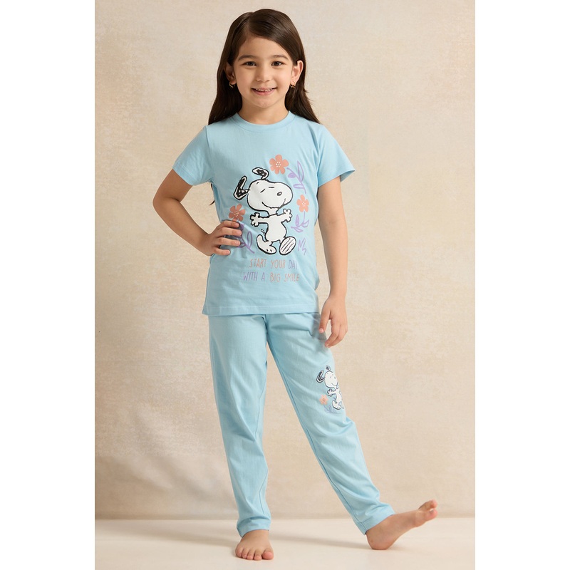 Girls Blue Printed Pyjama Set (2 Piece)