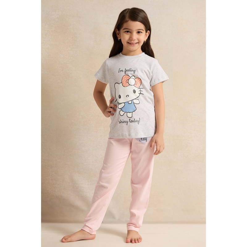 Girls Grey Printed Pyjama Set (2 Piece)