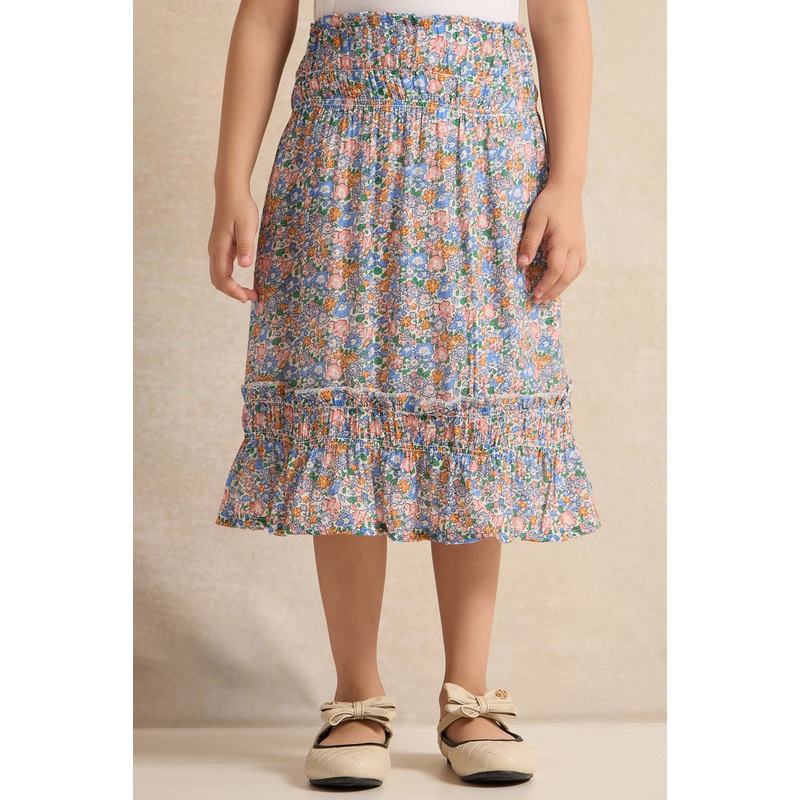 Girls White Floral Print Tired Skirt