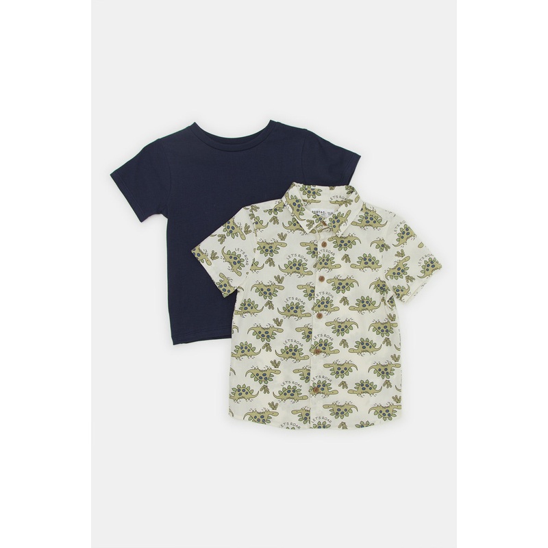 Infant Boys Cream And Navy Dino Print Shirt Set (Pack of 2)