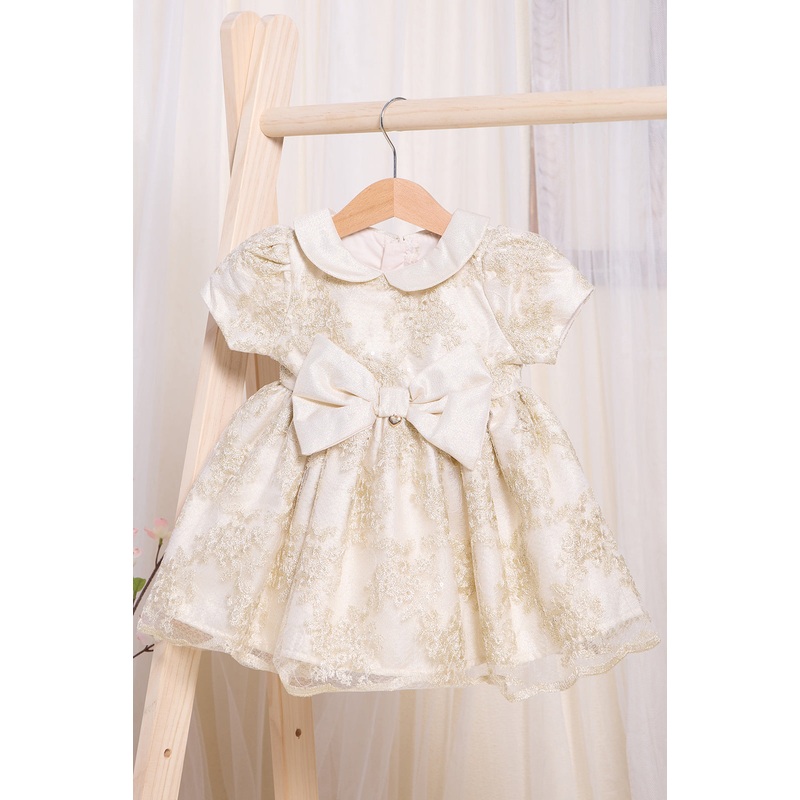 Infant Girls Gold Embroidered Mesh Dress With Back Bow