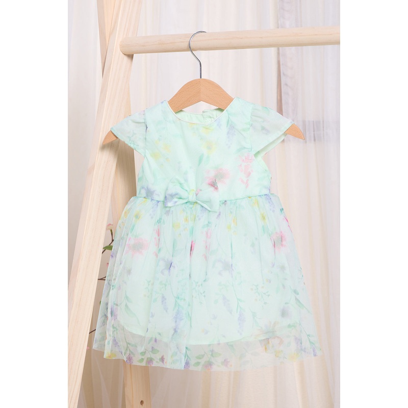 Infant Girls Green Printed Mesh Dress