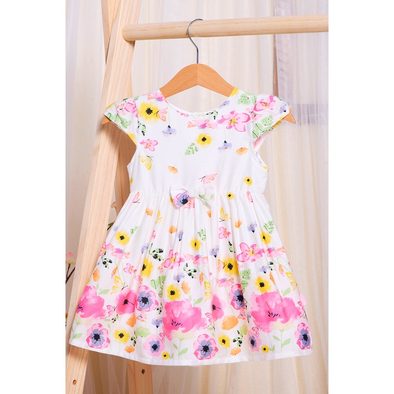 Infant Girls White Border Floral Print Dress