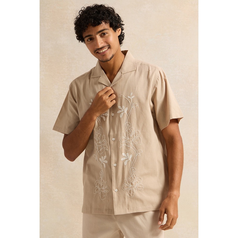 Men Beige Embroidered Casual Shirt