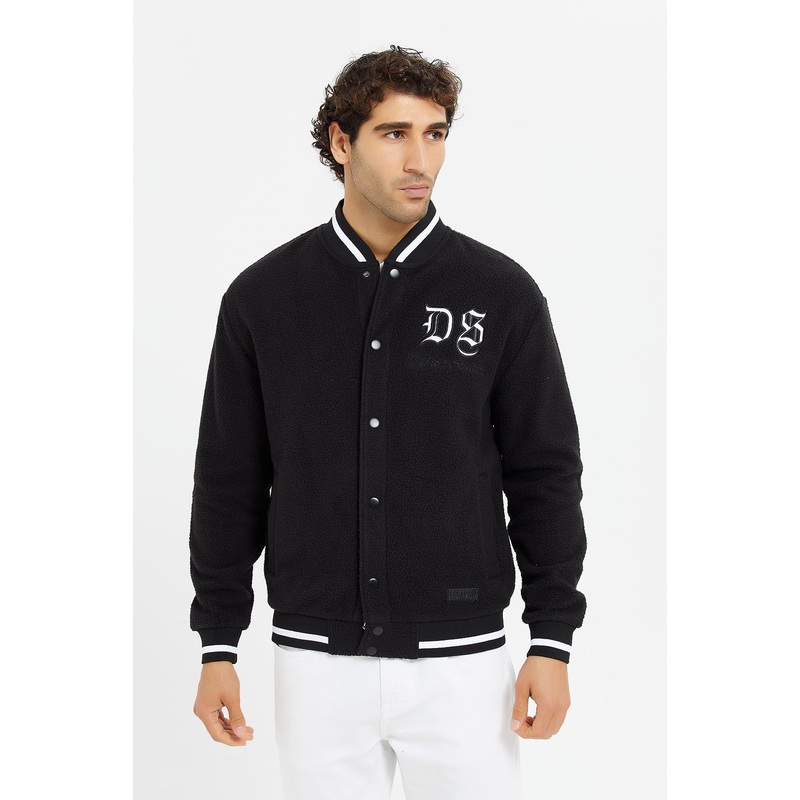 Men Black Polar Fleece Varsity Bomber Jacket
