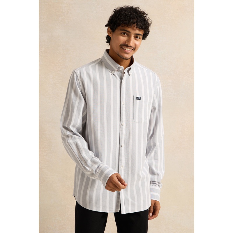 Men Grey Mandarin Casual  Striped Shirt