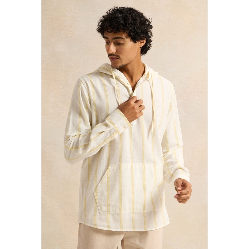 Men White Striped Hooded Casual Shirt