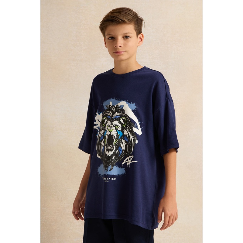 Senior Boys Navy Tiger Face Print  T-shirt