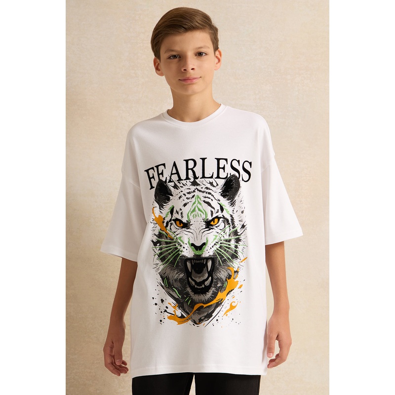 Senior Boys White Fearless Tiger Face  Print T-shirt