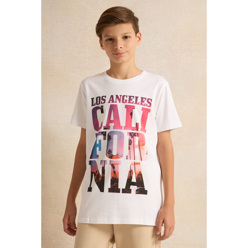 Senior Boys White Printed Short Sleeved T-Shirt