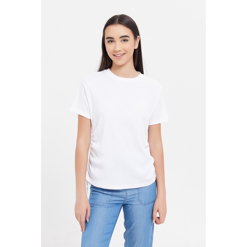 Senior Girls White Ribbed Top With Side Gathering