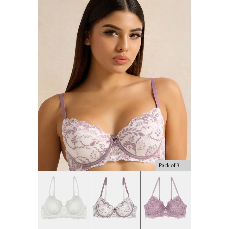 Women Assorted Padded Plunge Bra Set (Pack of 3)