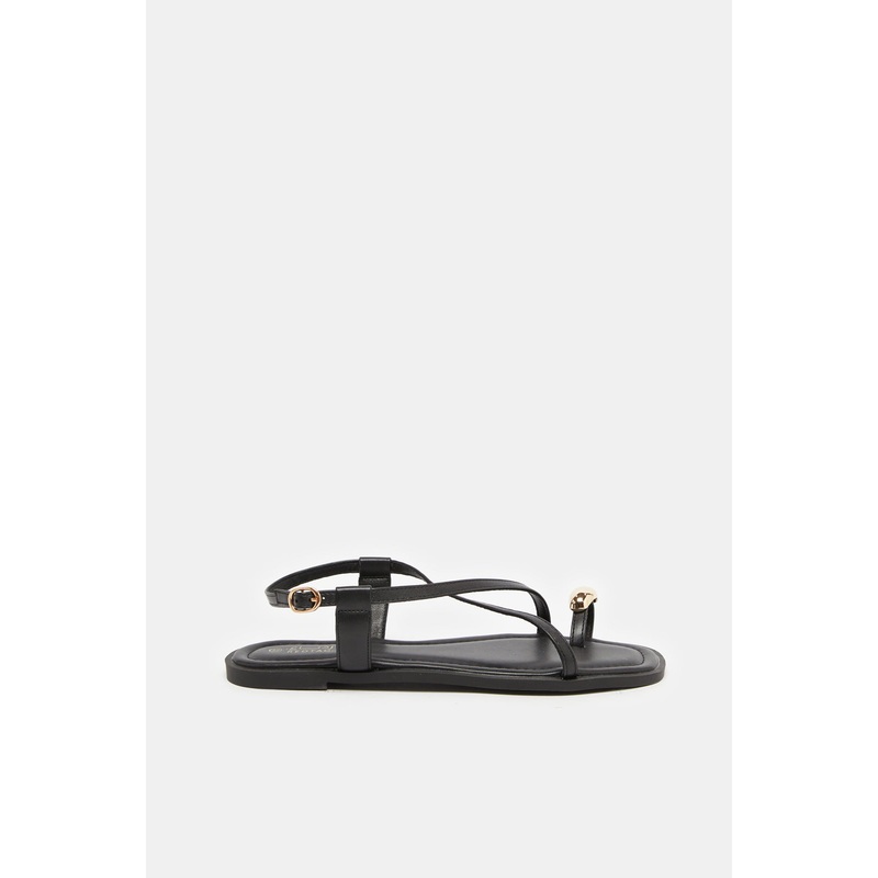 Women Black Slingback With Gold Trim Toe Ring