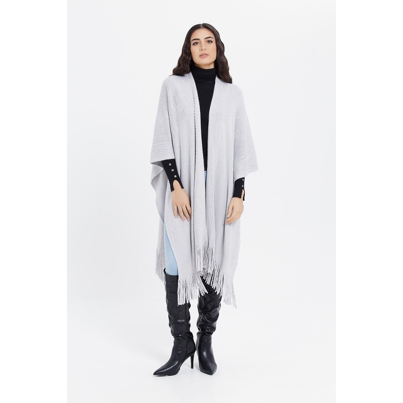 Women Grey Lurex Cable Knit Poncho With Fringes