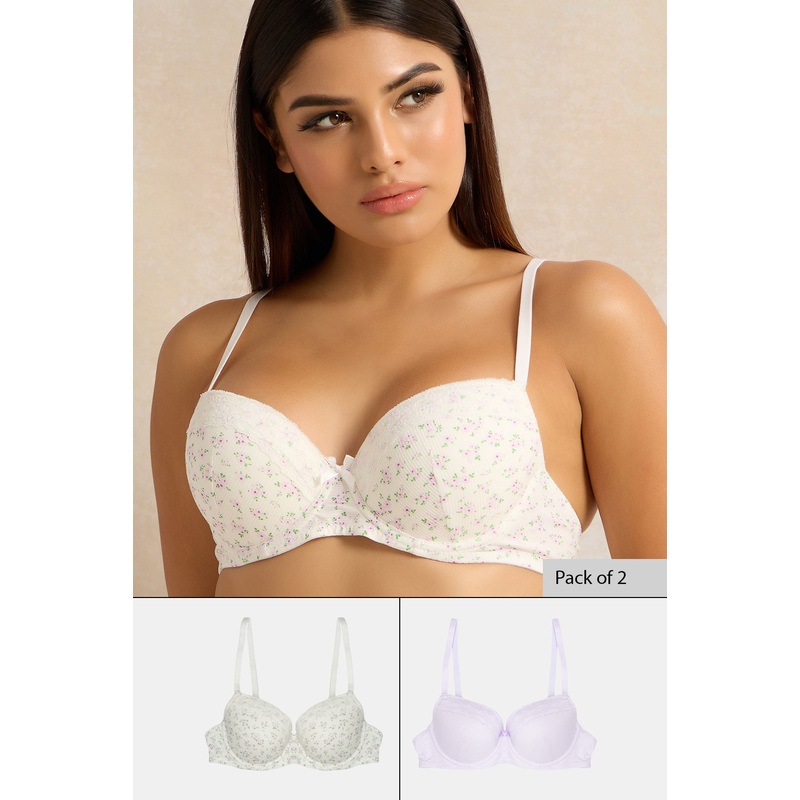 Women Lilac And Ivory T-Shirt Bra Set (Pack of 2)