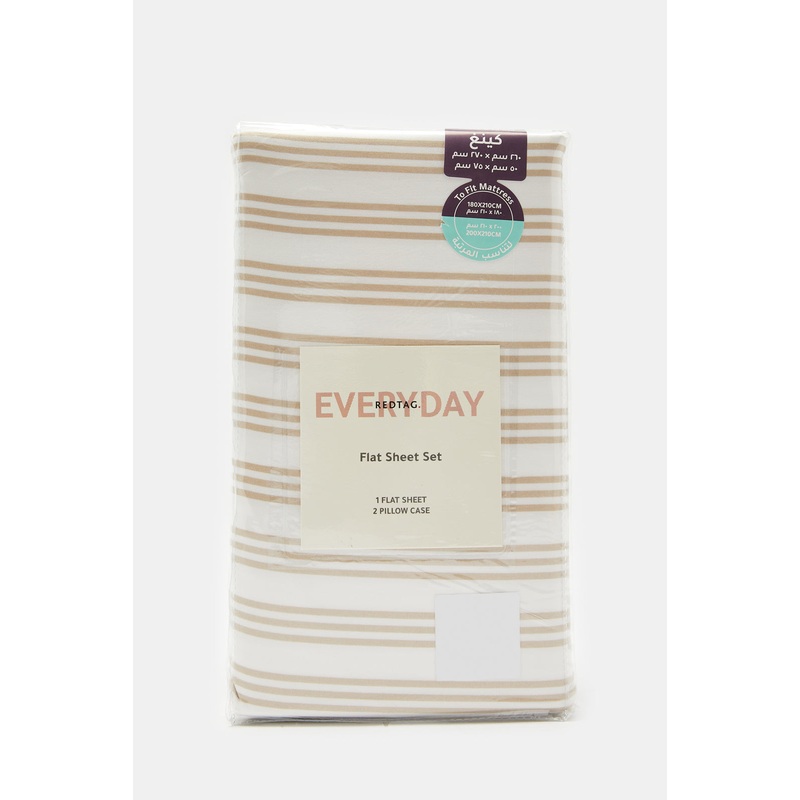 Beige 3 Piece Stripe Printed Flat Sheet (King Size)