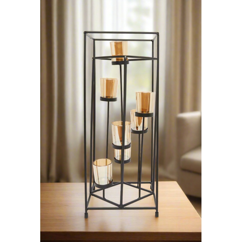 Black Metal Frame Lantern With 7 Candle Holders