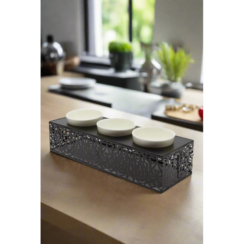 Black Serving Tray With 3 Ceramic Bowl (4 Piece)