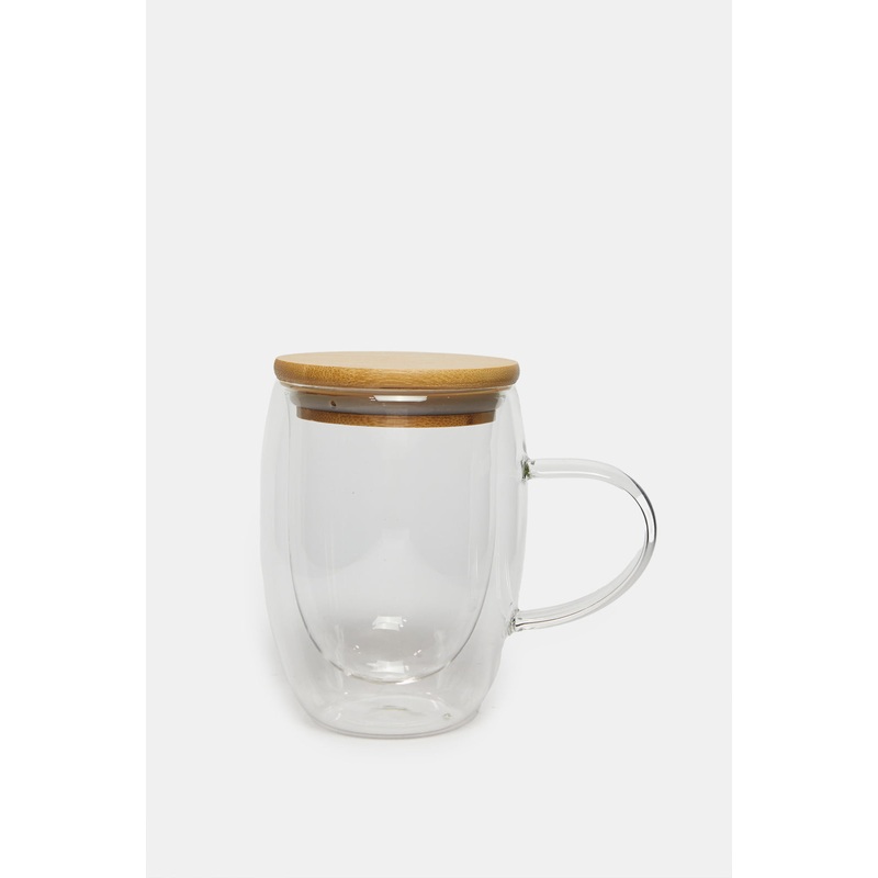 Borosilicate Double Wall Glass With Handle And Wooden Lid