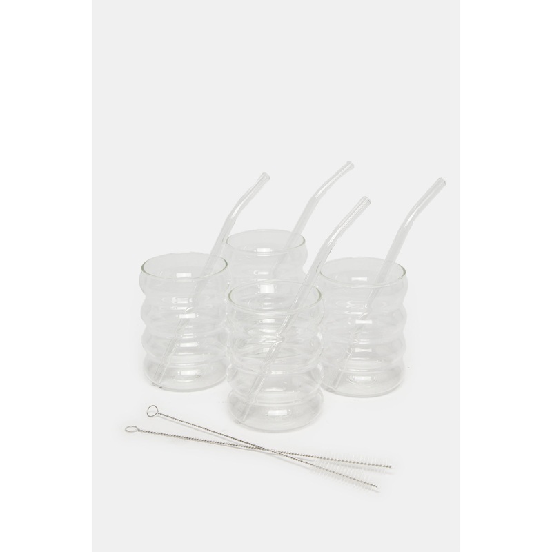 Borosilicate Ribbed Drinking Glasses With Straw And Brush Set ( 10 Piece)