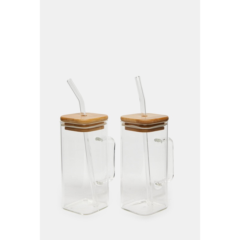 Borosilicate Square Clear Glass Mug With Straw And Brush Set ( 5 Piece)