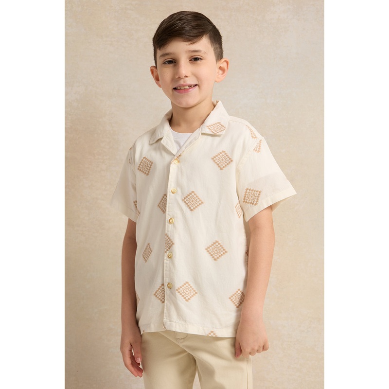 Boys Cream Jacquard Short Sleeve Shirt