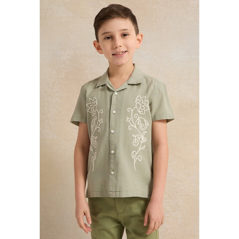Boys Olive Embroidered Short Sleeve Shirt