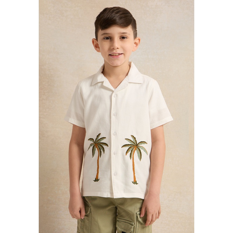 Boys White Embroidered Short Sleeve Shirt