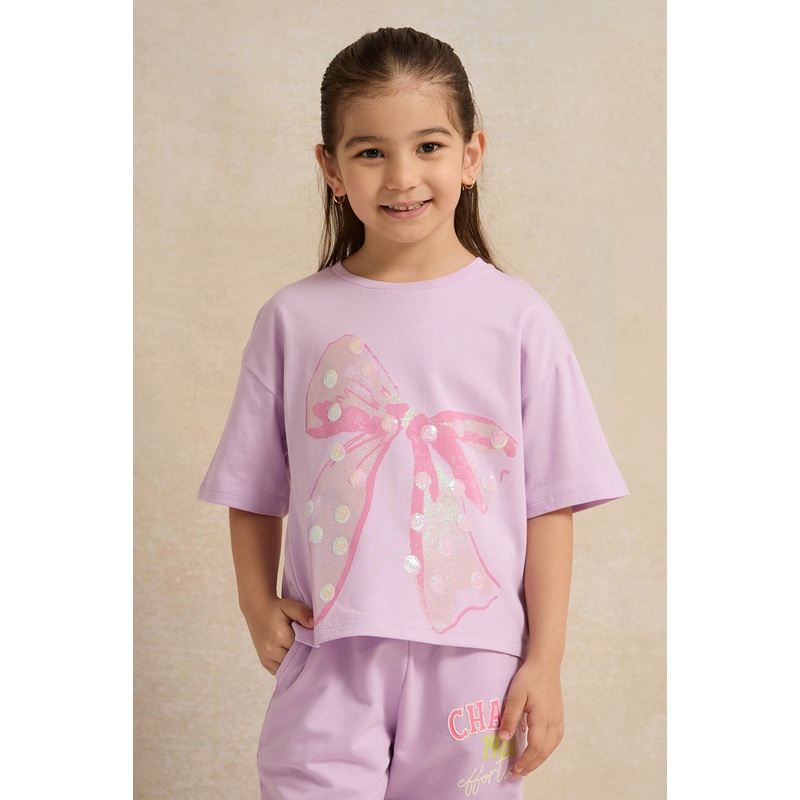 Girls Lilac Bow Printed T-Shirt