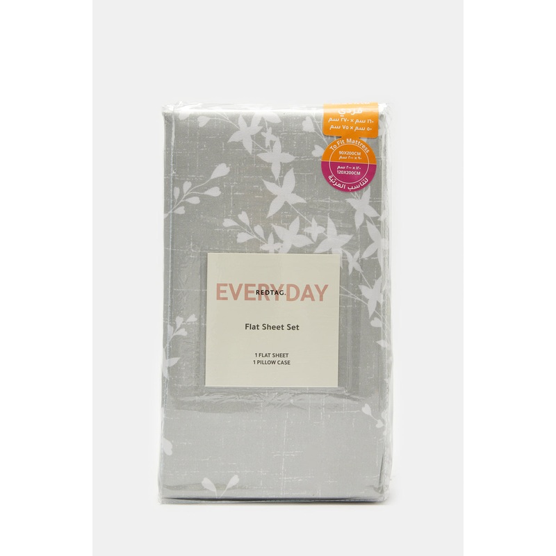 Grey 2 Piece Leaf Printed Flat Sheet (Single Size)
