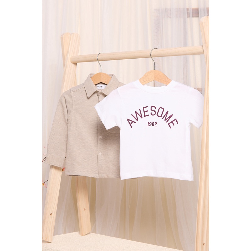 Infant Boys White And Beige Shirt With T-Shirt (2 Piece)